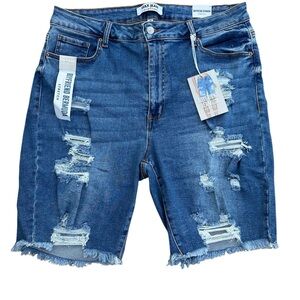 Wax Jean Boyfriend Bermuda Blue Stretch Distressed Jean Shorts High-Waisted